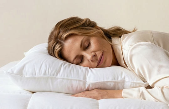 Žena odpočívá na polštáři vyplněném husím peřím a prachovým peřím, odpočívá a cítí se pohodlně.